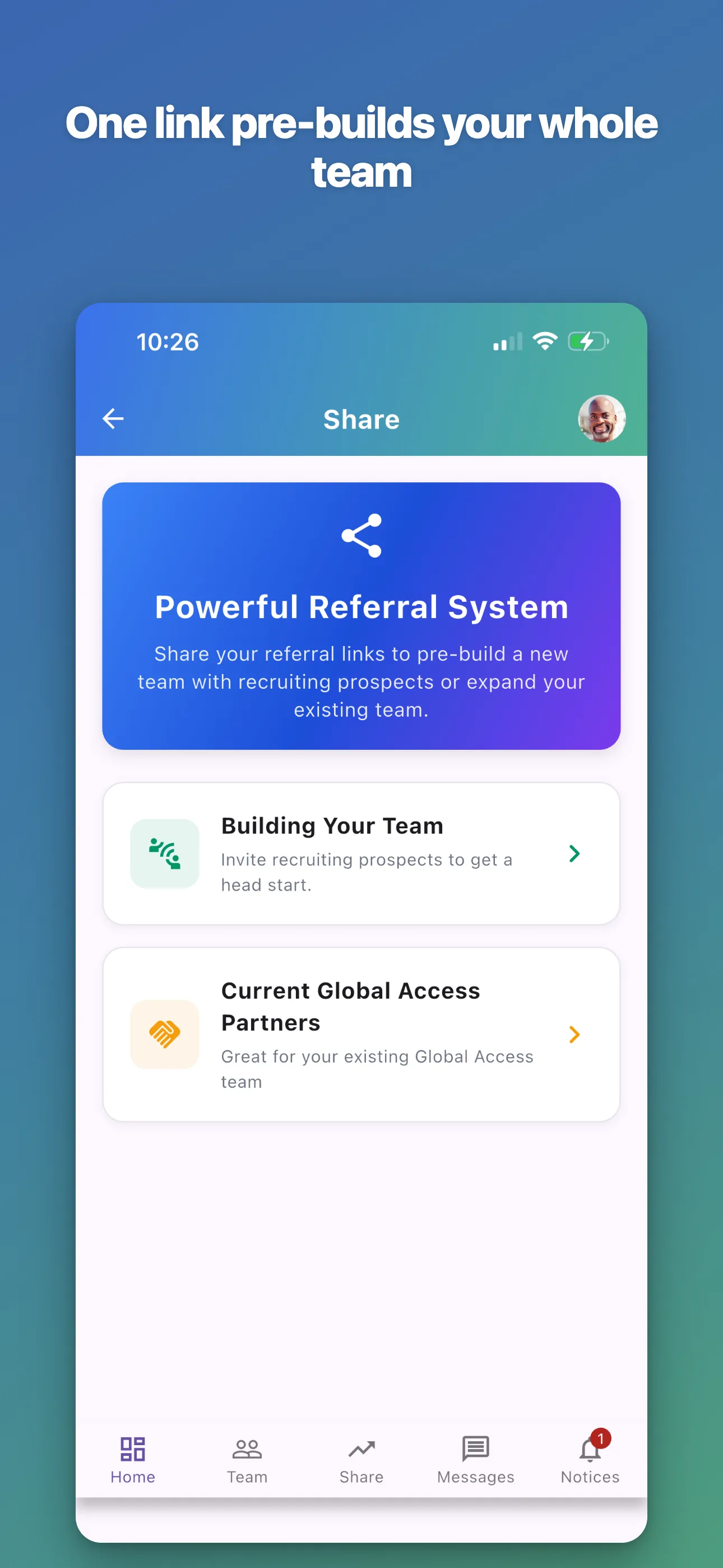 Share hub — one link builds the team