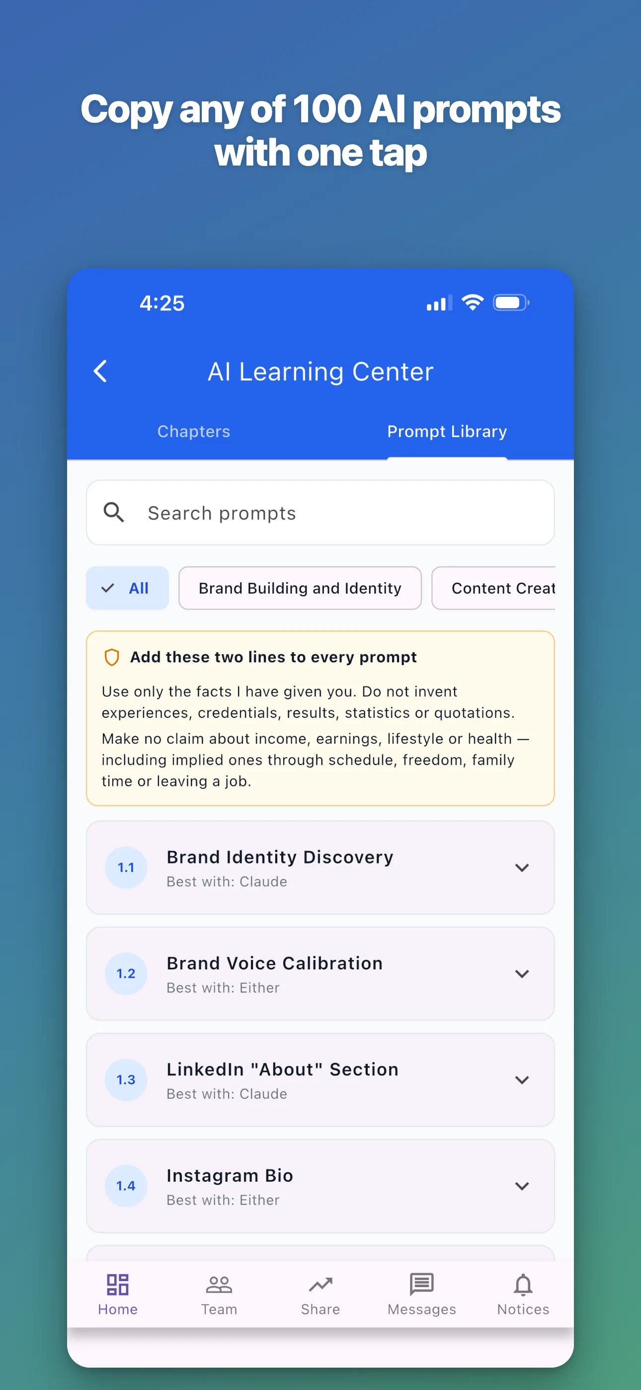 Prompt Library — 100 AI prompts, copied with one tap