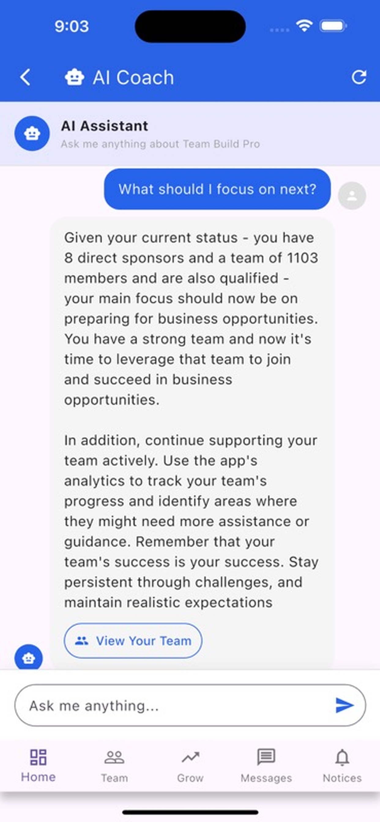 Get personalized team-building guidance based on your current network size and business goals