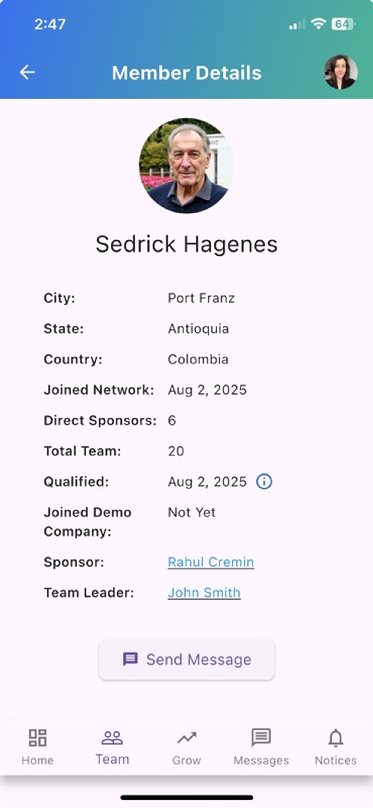 View detailed team member profiles with location, sponsorship stats, and direct messaging